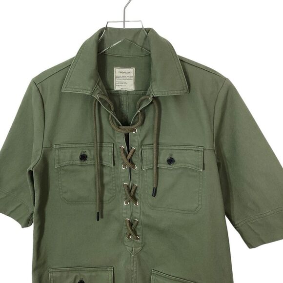 Zadig & Voltaire Size M Olive Green Record Brode Tigre Embroidered Dress Lace Up - Picture 3 of 10